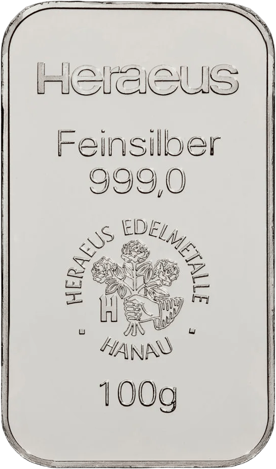 Silver bar bearing Heraeus, Feinsilber, the emblem and the weight