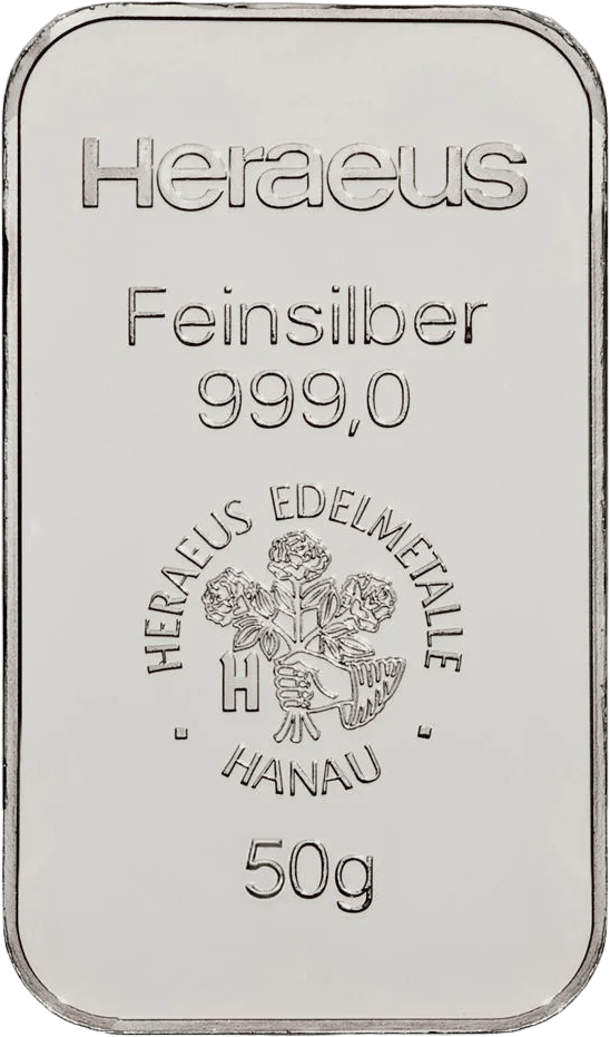 Silver bar bearing Heraeus, Feinsilber, the emblem and the weight