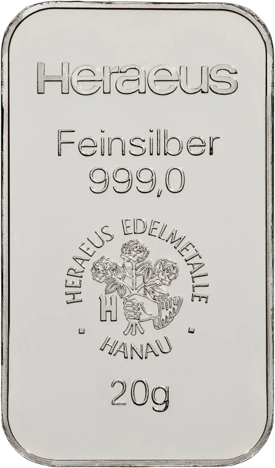 Lingote de plata con Heraeus, Feinsilber, el emblema y el peso