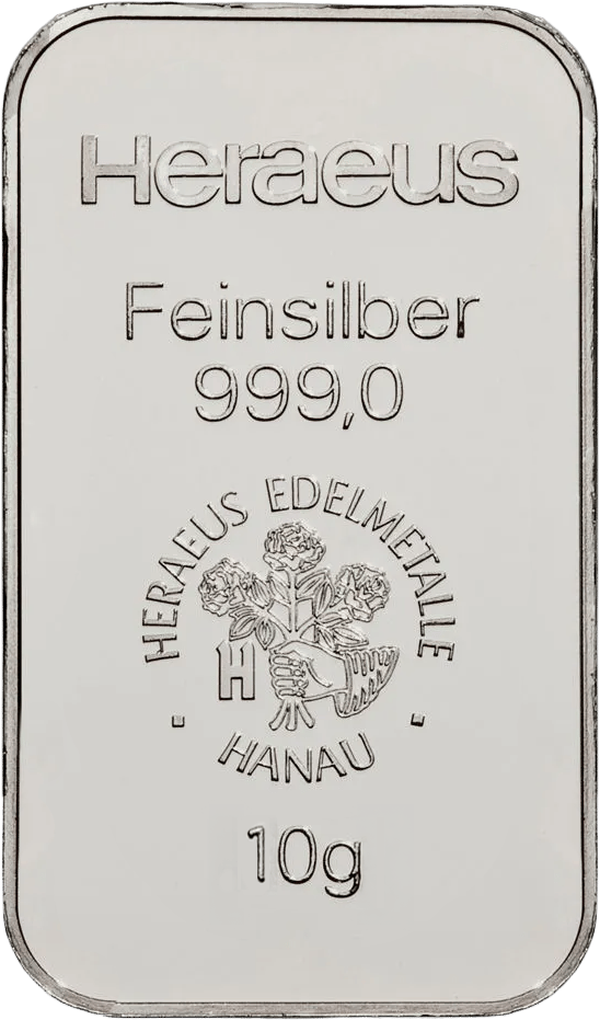 Silver bar bearing Heraeus, Feinsilber, the emblem and the weight