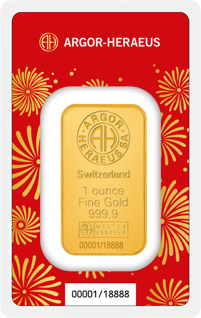 Lingote de oro acuñado en su tarjeta, con Argor-Heraeus SA, Switzerland, el peso, Fine Gold 999,9, la marca de ensayador y el número