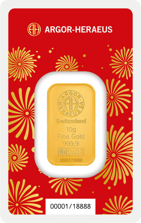Minted gold bar in its card, bearing Argor-Heraeus SA, Switzerland, the weight, Fine Gold 999.9, the assayer’s mark and the number