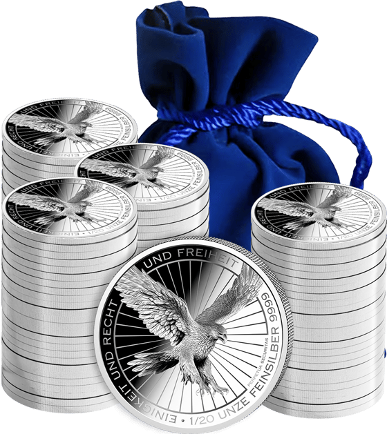 Blue velvet pouch with stacks of silver coins and a single Deutscher Adler in front of it