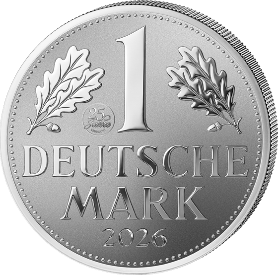 Lado del valor con el gran Uno entre dos ramas de roble y la inscripción Deutsche Mark
