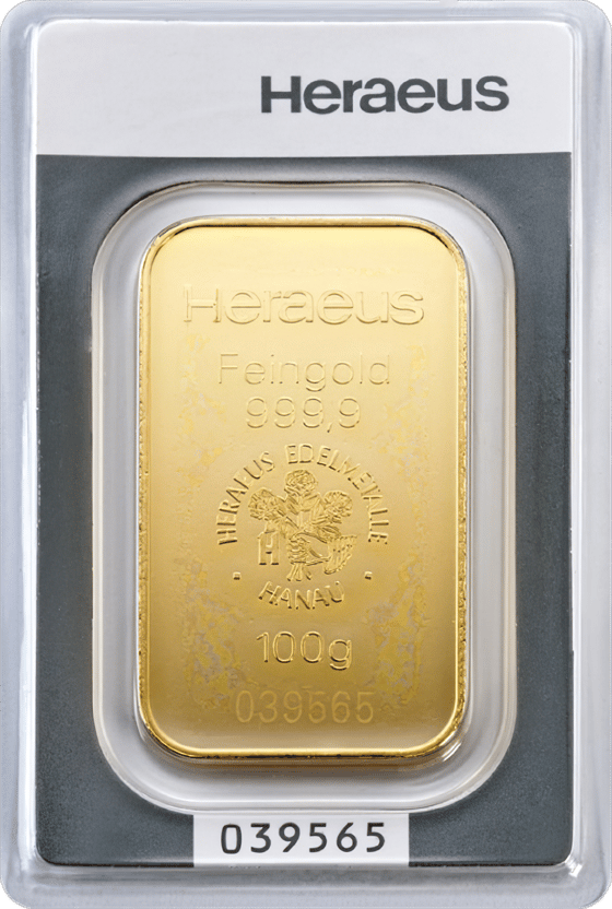 Geprägter Goldbarren im Blister mit Heraeus, Feingold 999,9, dem Emblem und dem Gewicht