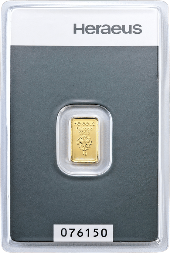 Minted gold bar in its blister, bearing Heraeus, Feingold 999.9, the emblem and the weight