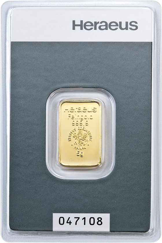 Geprägter Goldbarren im Blister mit Heraeus, Feingold 999,9, dem Emblem und dem Gewicht