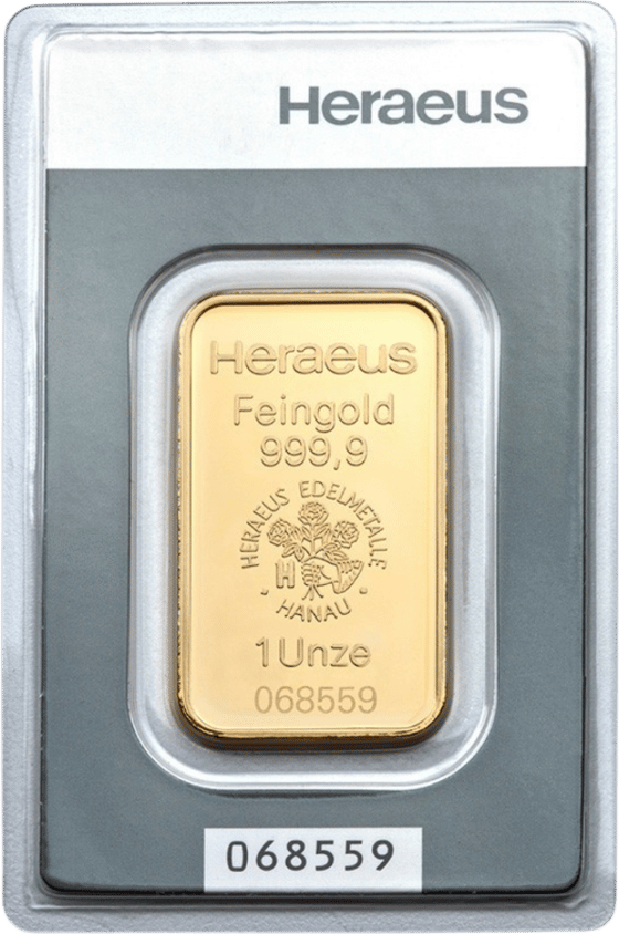 Minted gold bar in its blister, bearing Heraeus, Feingold 999.9, the emblem and the weight