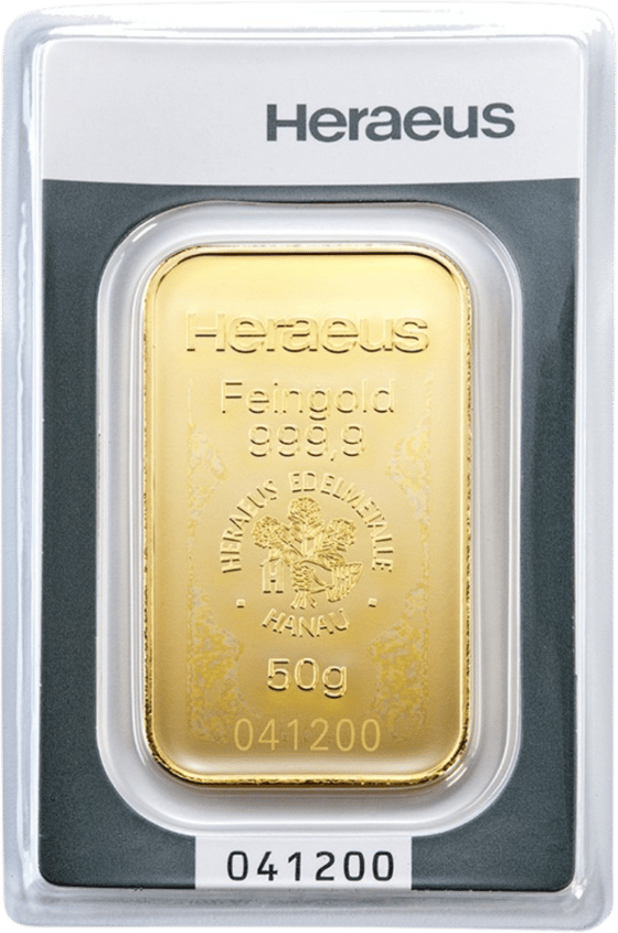 Minted gold bar in its blister, bearing Heraeus, Feingold 999.9, the emblem and the weight