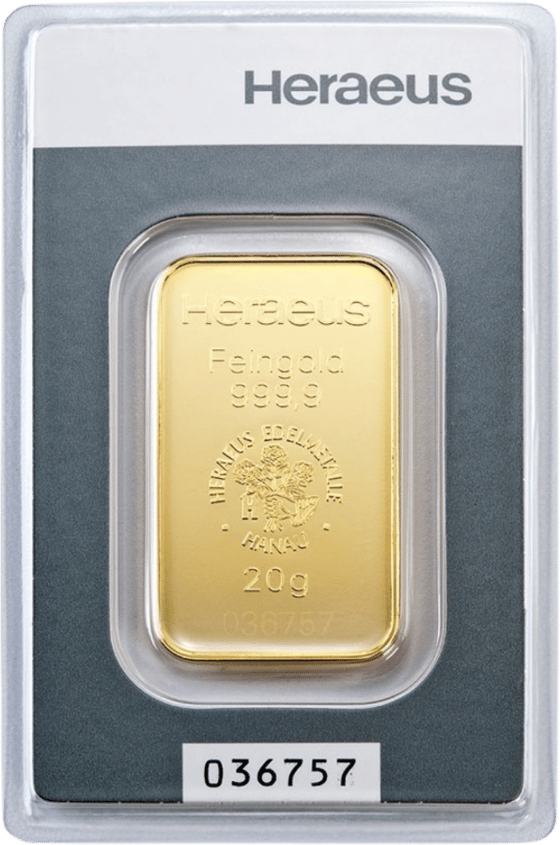 Minted gold bar in its blister, bearing Heraeus, Feingold 999.9, the emblem and the weight