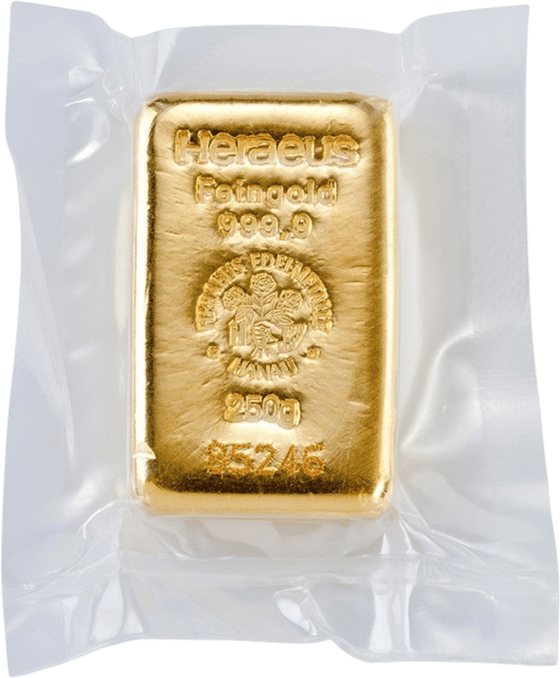 Lingote de oro fundido con Heraeus, Feingold 999,9, el emblema, el peso y el número