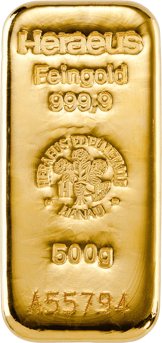 Lingote de oro fundido con Heraeus, Feingold 999,9, el emblema, el peso y el número
