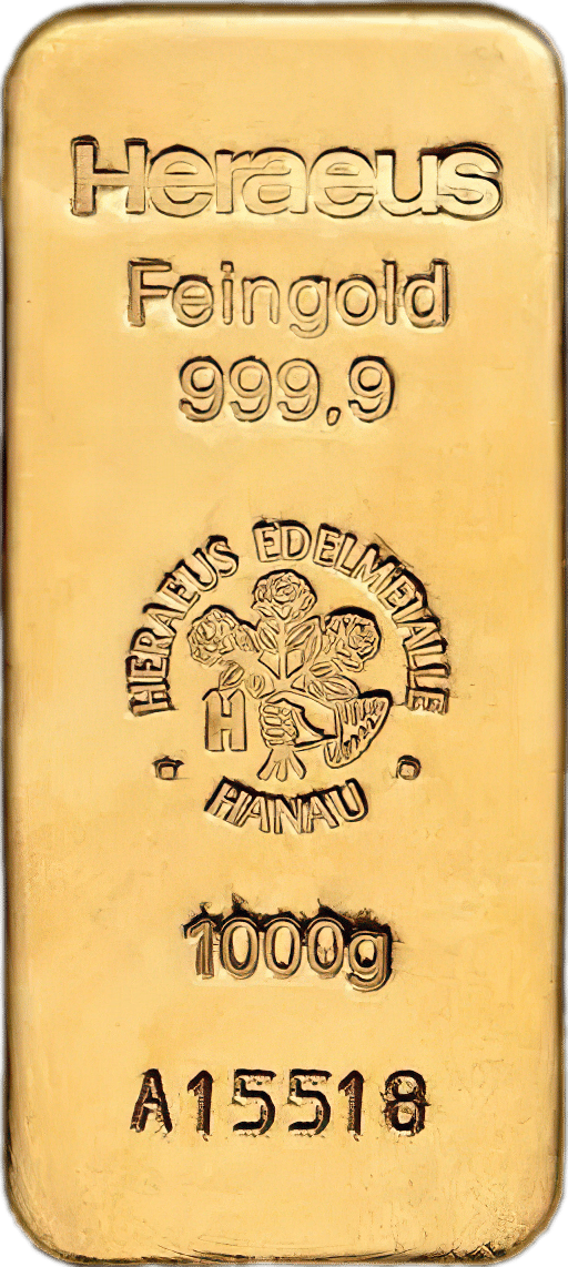 Lingote de oro fundido con Heraeus, Feingold 999,9, el emblema, el peso y el número
