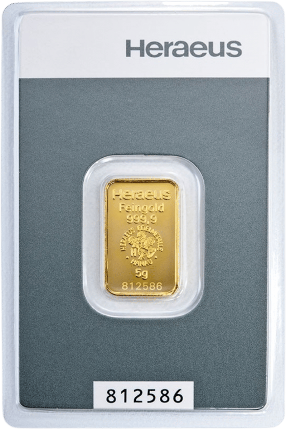 Kinebar im Blister, die Vorderseite mit Heraeus, Feingold 999,9, dem Emblem und dem Gewicht