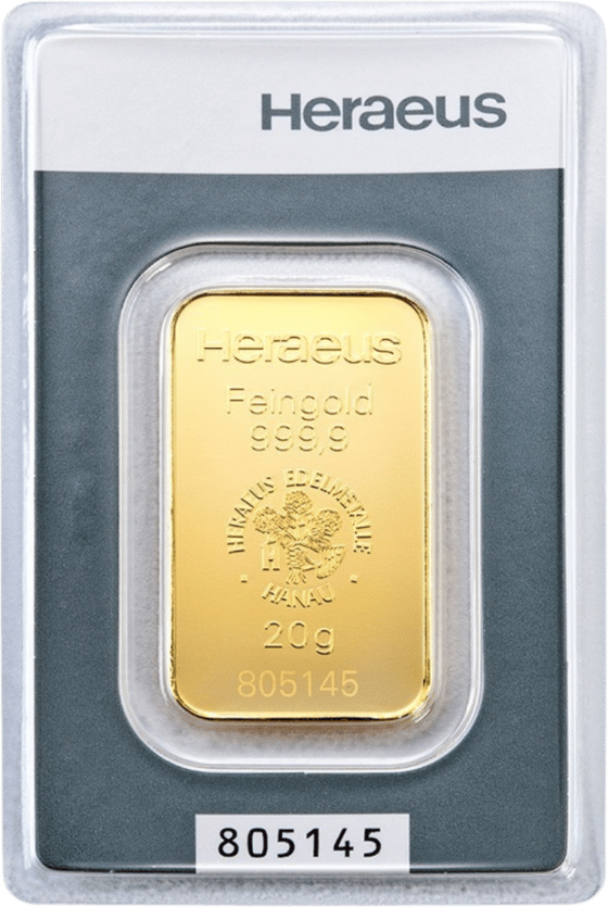 Kinebar im Blister, die Vorderseite mit Heraeus, Feingold 999,9, dem Emblem und dem Gewicht