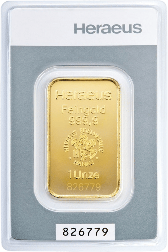 Kinebar en su blíster, el anverso con Heraeus, Feingold 999,9, el emblema y el peso
