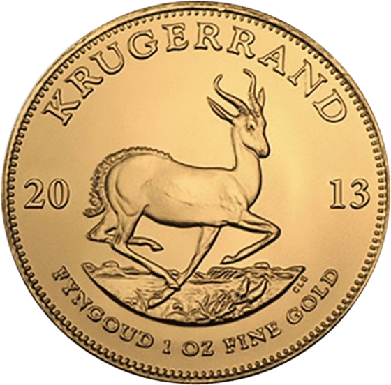 Lado con el springbok en pleno salto, encima la inscripción KRUGERRAND y a izquierda y derecha el año 2013