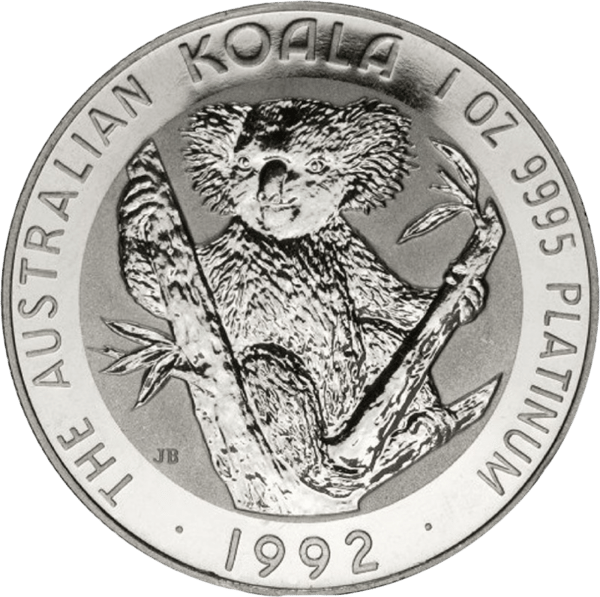 Australian Koala platinum coin: a koala on a eucalyptus branch