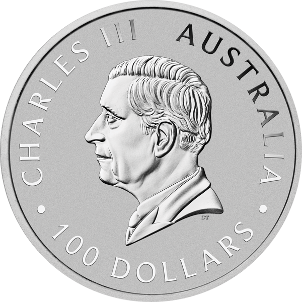 Obverse of the 2026 platinum coin: King Charles III in profile facing left, with the inscription CHARLES III AUSTRALIA 100 DOLLARS