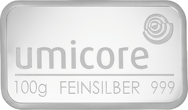 Beispielfoto: Silberbarren von Umicore mit 100 g, im Stempel 999