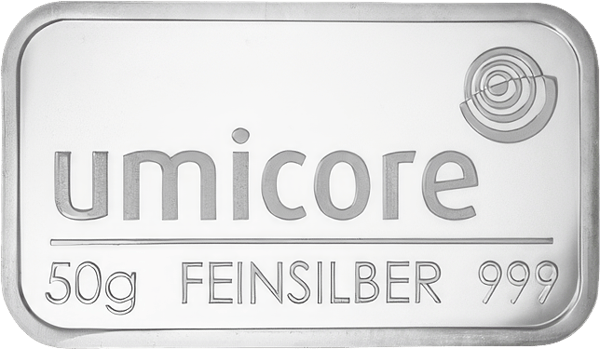 Example photo: 50 g silver bar by Umicore, stamped 999