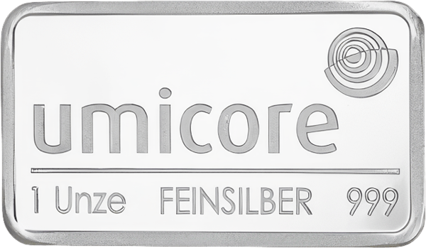Beispielfoto: Silberbarren von Umicore mit 1 Unze, im Stempel 999