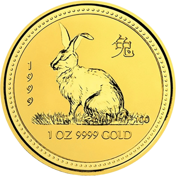 Lunar I Hase 1999: ein sitzender Hase im Gras, oben rechts das Zeichen 兔, rechts an der Grasnarbe das kleine Münzzeichen P100