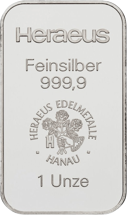 Beispielfoto: Silberbarren von Heraeus mit 1 Unze, im Stempel 999,9