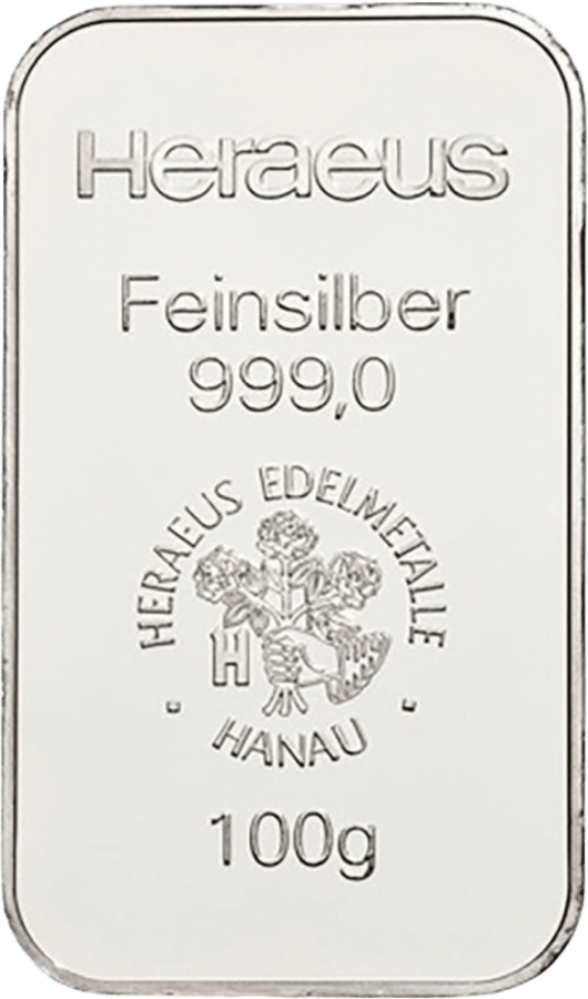 Beispielfoto: Silberbarren von Heraeus mit 100 g, im Stempel 999,0