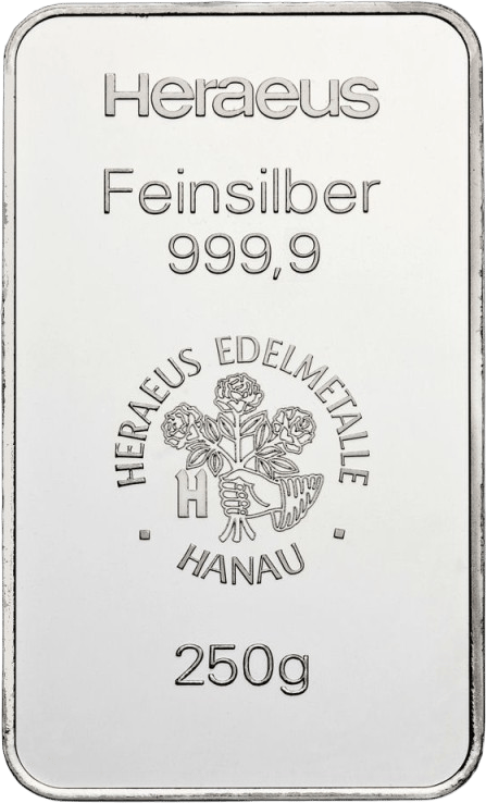 Beispielfoto: Silberbarren von Heraeus mit 250 g, im Stempel 999,9