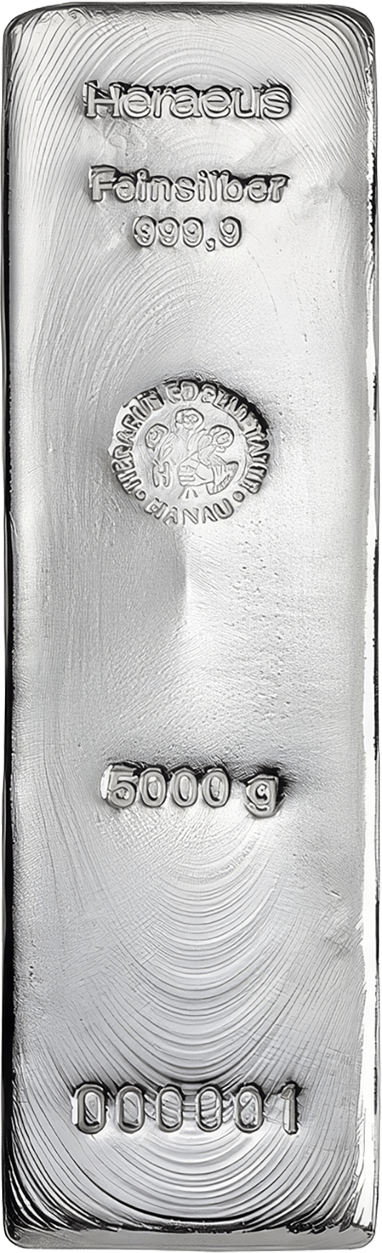 Beispielfoto: Silberbarren von Heraeus mit 5 kg, im Stempel 999,9
