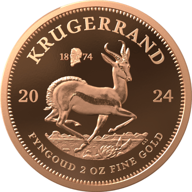 Krugerrand 2 ounces gold 2024 with Privy Mark, springbok side with the sign