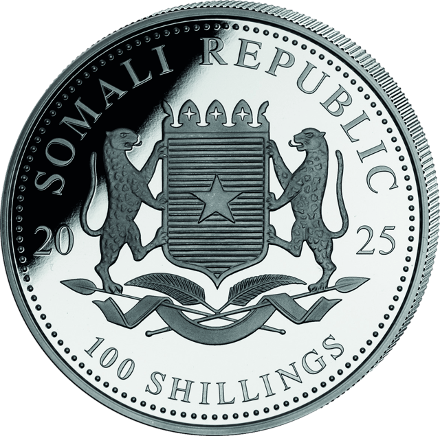 African Wildlife Leopard 2025, 1 troy ounce zilver, waardezijde met het wapen van Somalië