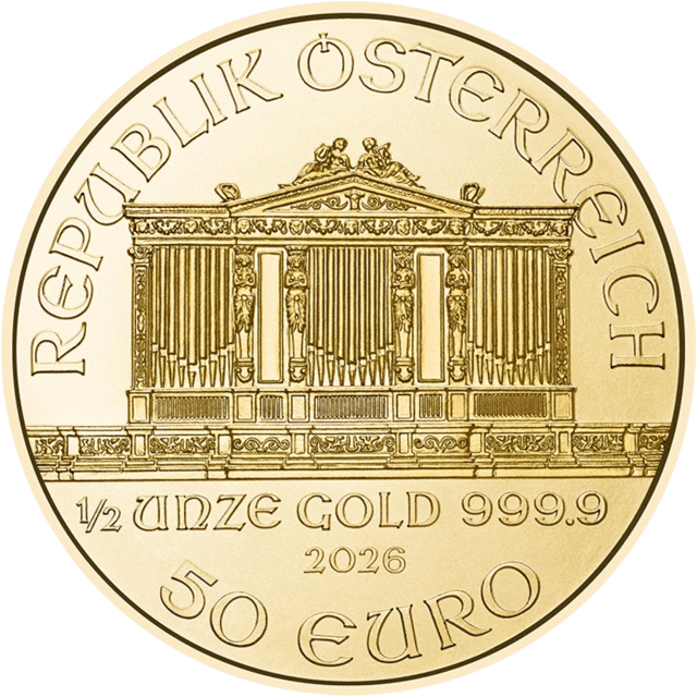 Lado con REPUBLIK ÖSTERREICH sobre el órgano y, debajo, el peso, el metal, el año y el valor nominal