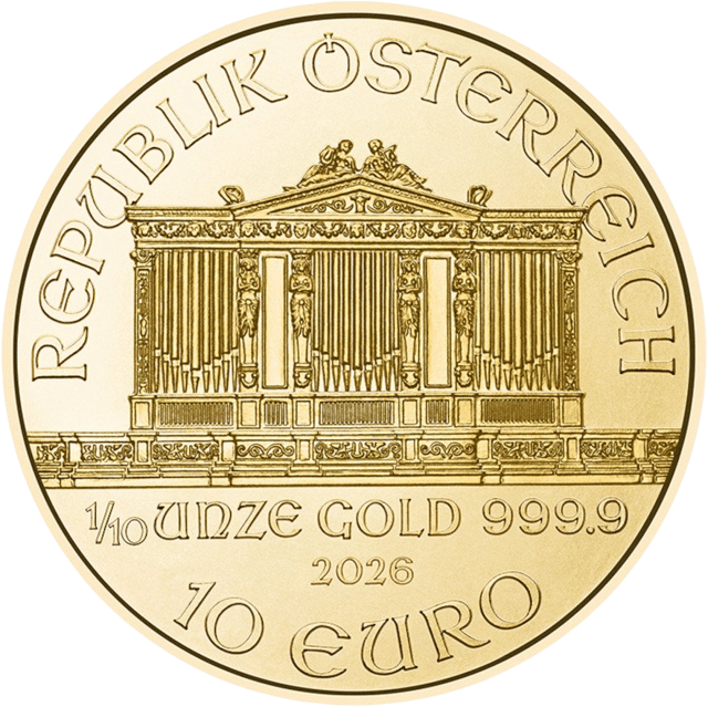 Lado con REPUBLIK ÖSTERREICH sobre el órgano y, debajo, el peso, el metal, el año y el valor nominal