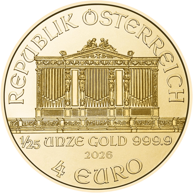 Lado con REPUBLIK ÖSTERREICH sobre el órgano y, debajo, el peso, el metal, el año y el valor nominal