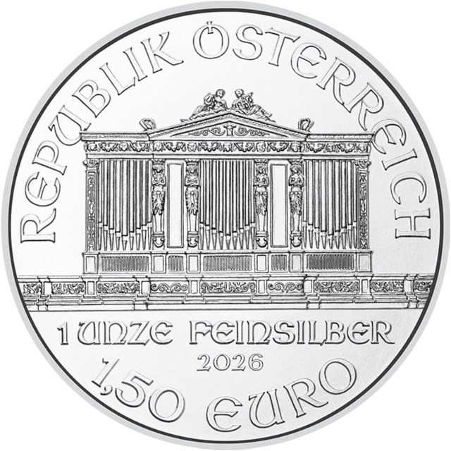 Lado con REPUBLIK ÖSTERREICH sobre el órgano y, debajo, el peso, el metal, el año y el valor nominal