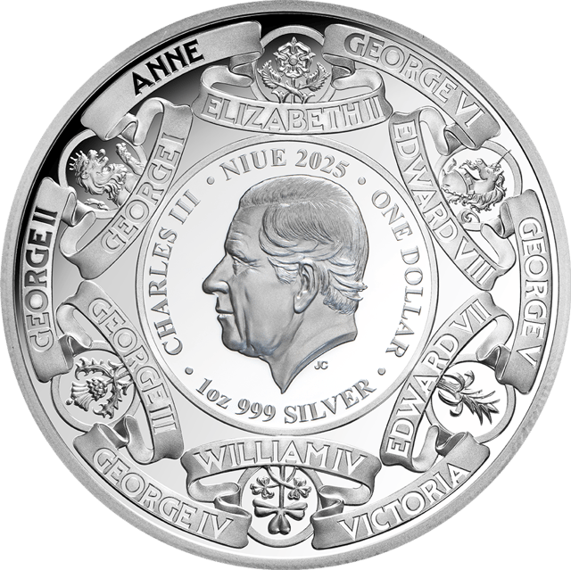 Britische Monarchen 2025, 1 Unze Silber, Wertseite