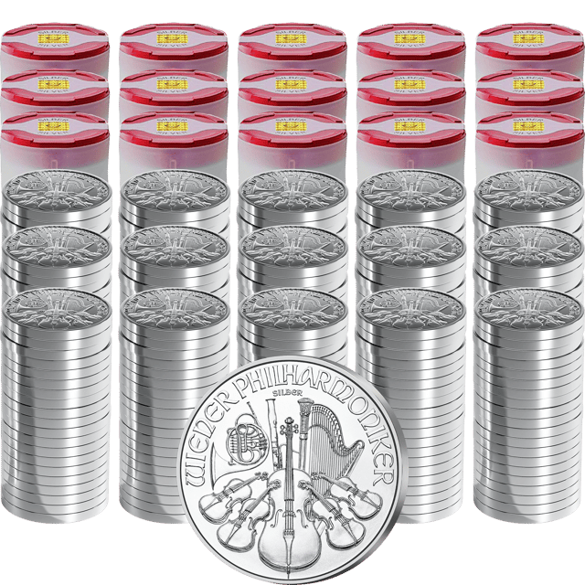 Coin tubes with silver Wiener Philharmoniker coins, a single coin in front of them