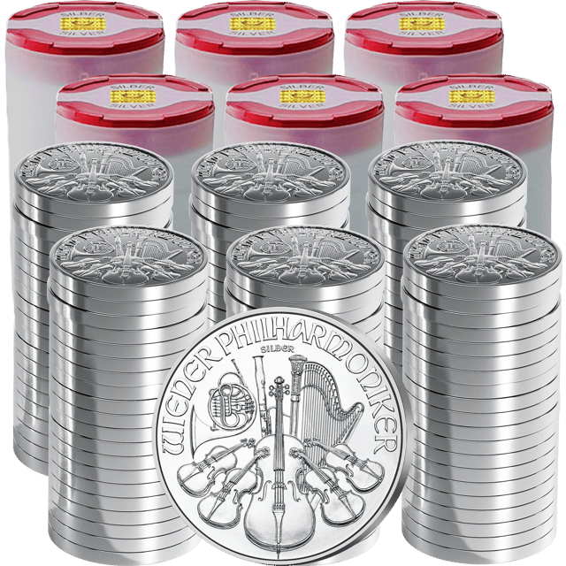 Coin tubes with silver Wiener Philharmoniker coins, a single coin in front of them