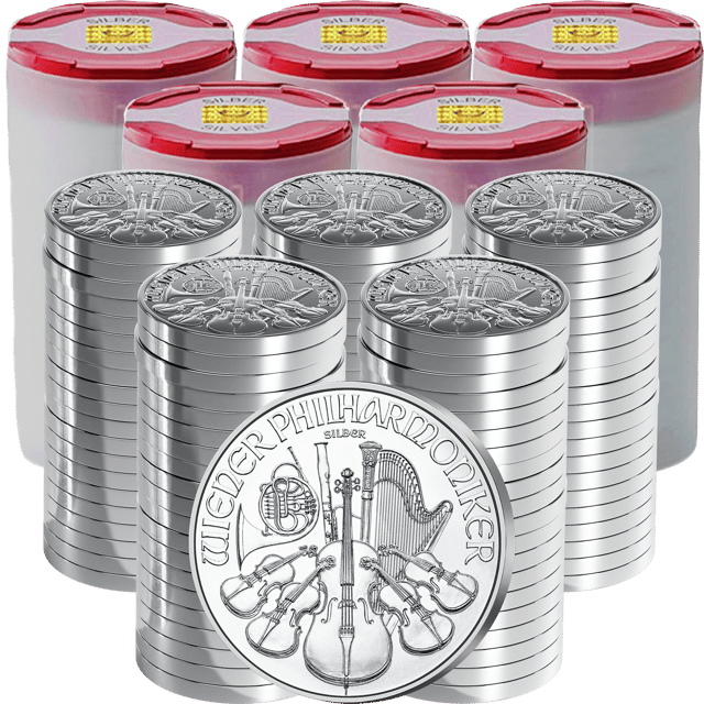Coin tubes with silver Wiener Philharmoniker coins, a single coin in front of them