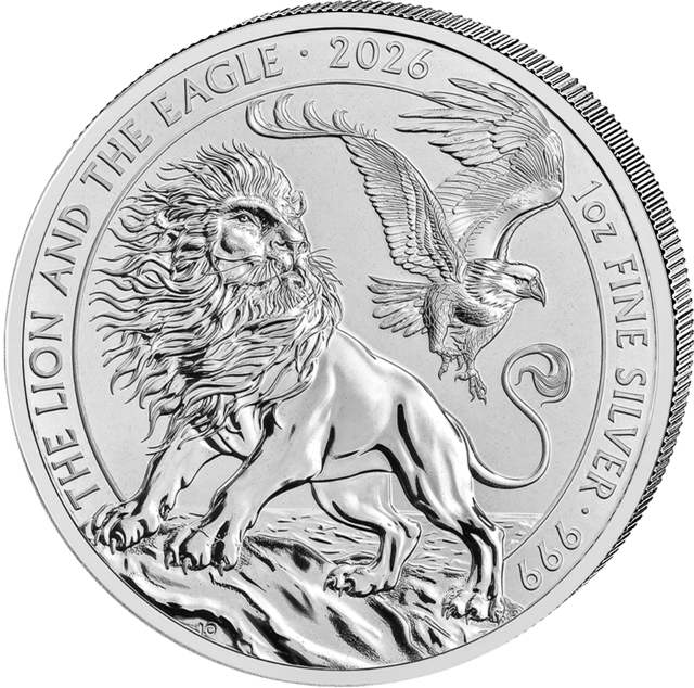 The Lion and the Eagle 2026, 1 troy ounce zilver, beeldzijde