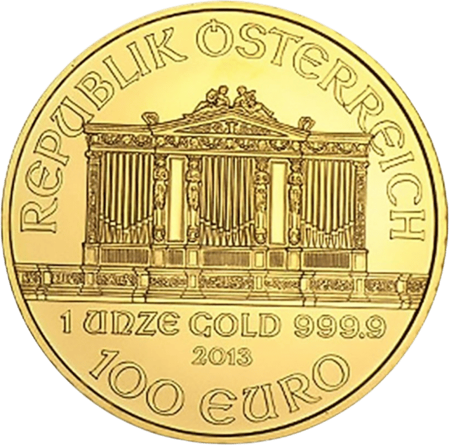 Lado con REPUBLIK ÖSTERREICH sobre el órgano y, debajo, el peso, el metal, el año y el valor nominal