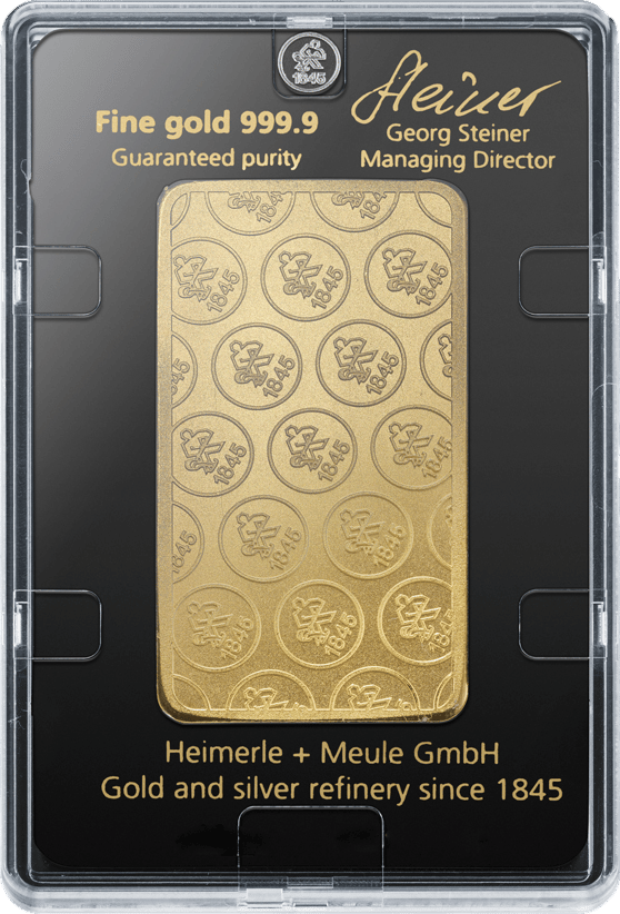 Rückseite derselben Karte: oben Fine gold 999.9, Guaranteed purity und die Unterschrift von Georg Steiner, Managing Director, auf dem Barren der runde Stempel des Hauses als Muster, unten Heimerle + Meule GmbH, Gold and silver refinery since 1845