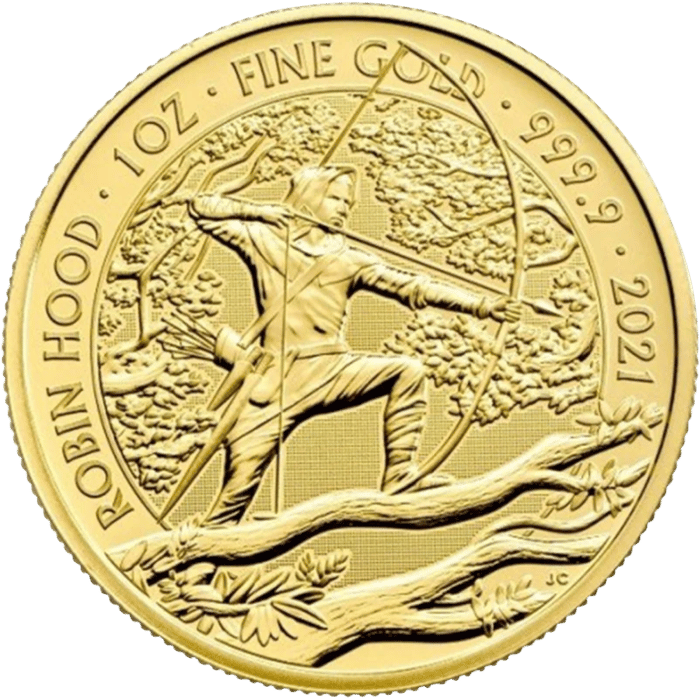 Münze Robin Hood in Gold, Bildseite: Robin Hood mit Bogen zwischen Ästen und Laub