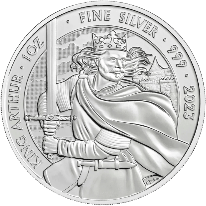 Münze König Arthur in Silber, Bildseite: König Arthur in weitem Mantel, dahinter ein Turm