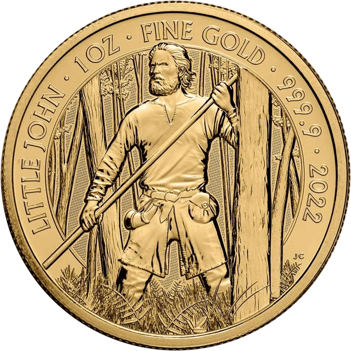 Münze Little John in Gold, Bildseite: Little John zwischen hohen Baumstämmen im Gras