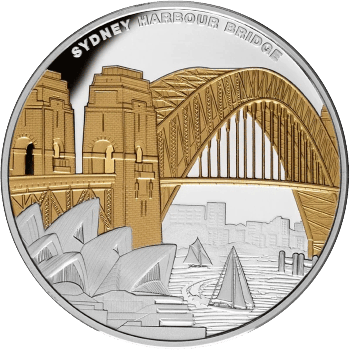 Silver coin: the arch of the bridge and its pylons picked out in gold, beneath them the opera house and boats