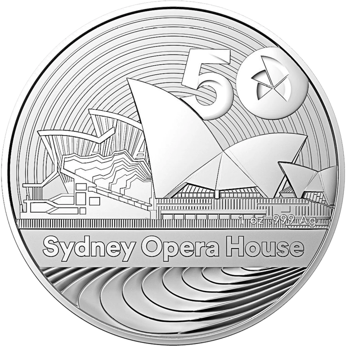 Silver coin: the opera house with its large shells, beside it parts of the building as a line drawing, circular lines behind it