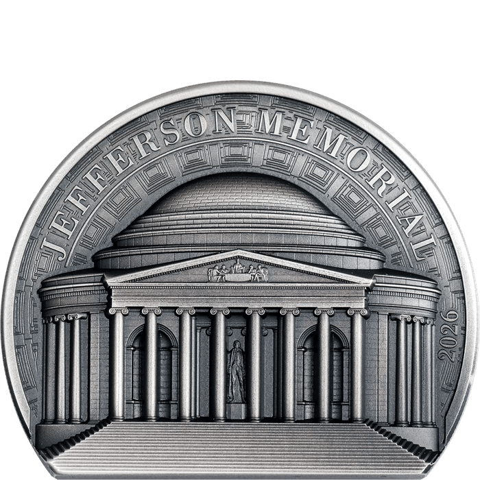 Silver coin: steps and portico with pediment, behind it the flat dome